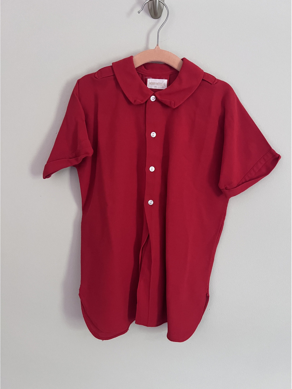 Vintage Merry Mites Red Short Sleeve Button Down Collared Tunic Shirt